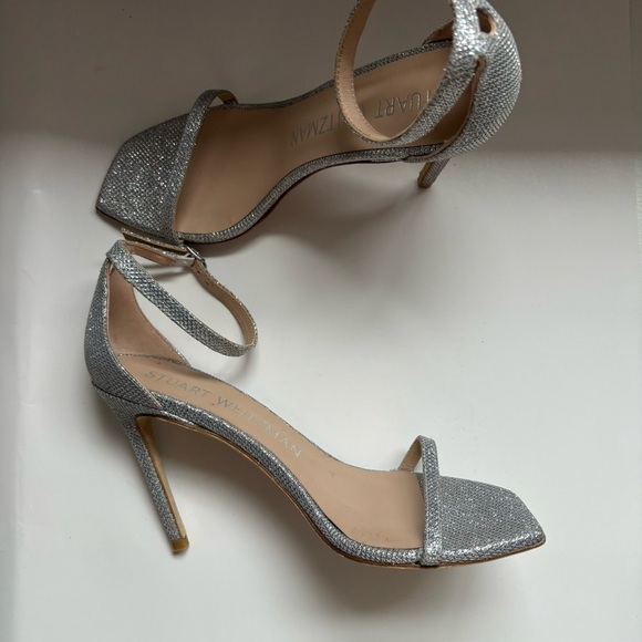 Stuart‎ Weitzman Nudistcurve Silver Glitter Ankle Strappy Sandals 75mm Sz 8 - Picture 6 of 9